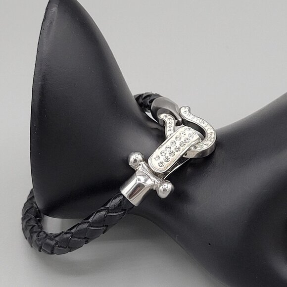 Stainless Steel Horseshoe Bangle Bracelet Black Cord Crystal Accents Snap Close - Picture 2 of 6